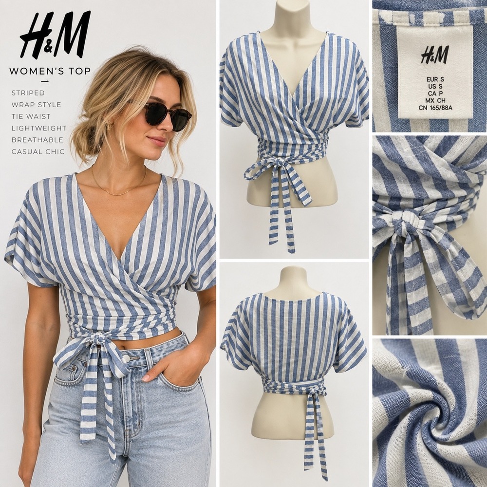 HM Womens Striped Wrap Crop Top Blue White Linen Blend Short Sleeve Size S